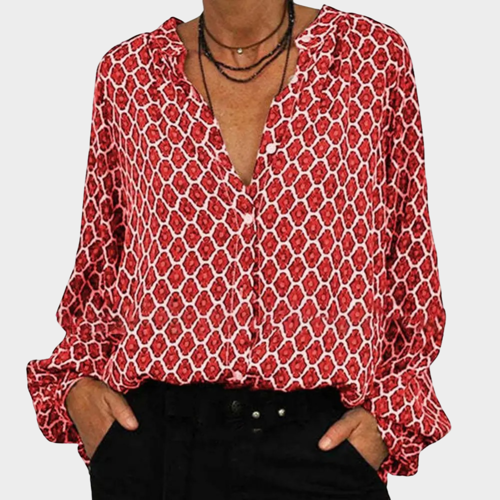 Women's geometric print long sleeve blouse V-neck cotton-poly blend work casual top