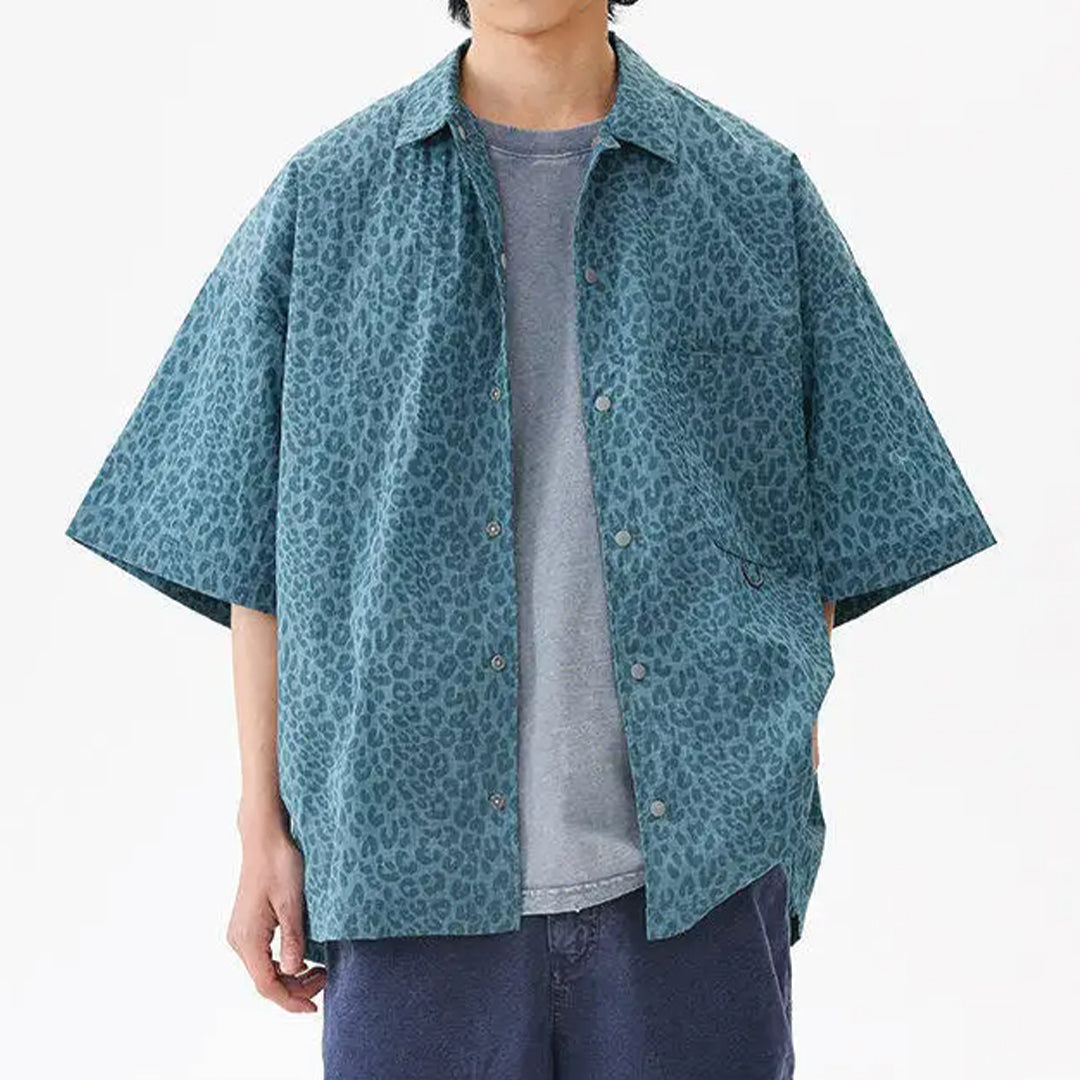Leopard print nylon blend shirt, water-resistant lightweight urban outdoor style with modern understated pattern
