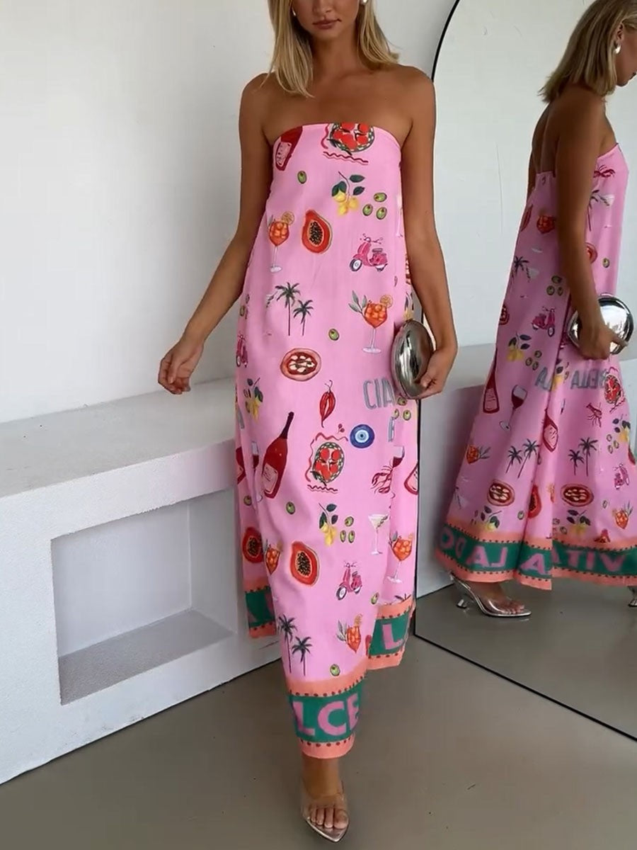 Pink tube top vacation print midi dress for women, casual chic polyester summer style