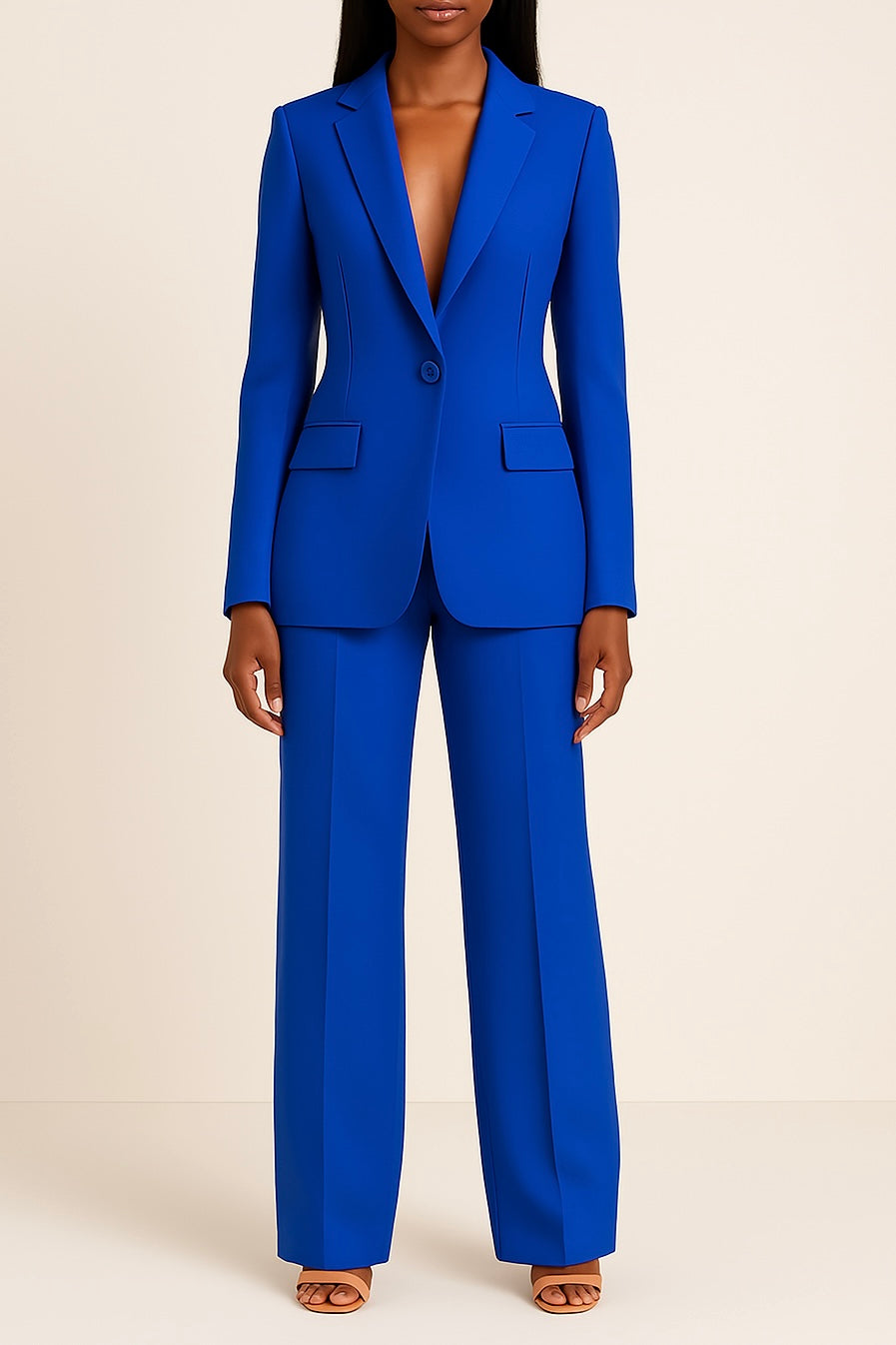 Women's formal navy two-piece tailored suit with sleek silhouette and sharp clean lines for professionals