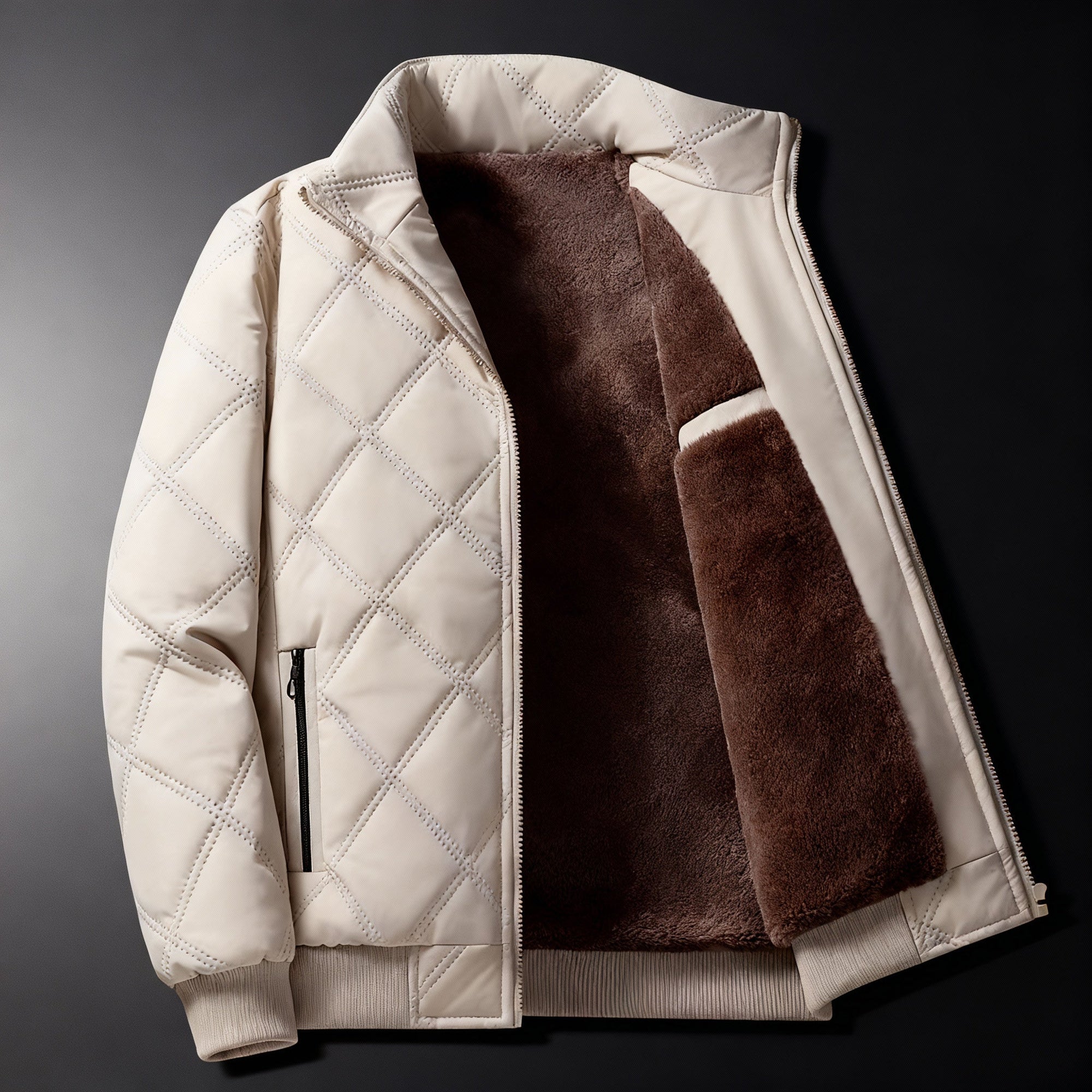 Men's olive quilted bomber jacket with stand collar, full-zip fleece, hip-length casual winter coat