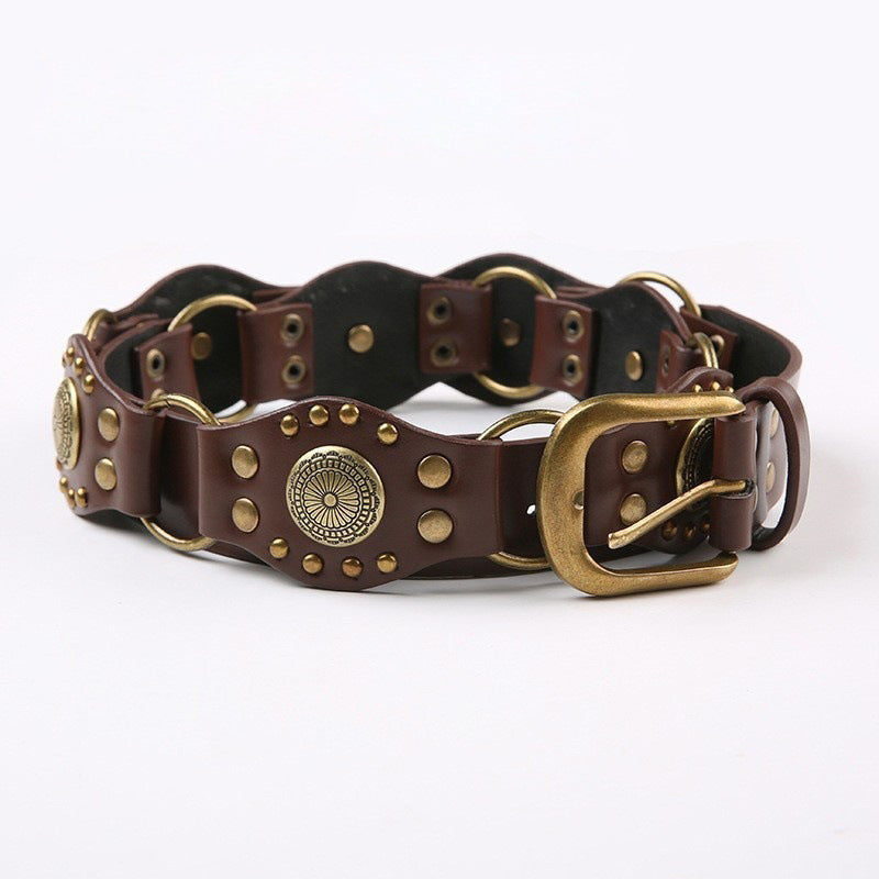 Retro women's leather belt, alloy buckle, vintage style, 103cm adjustable length