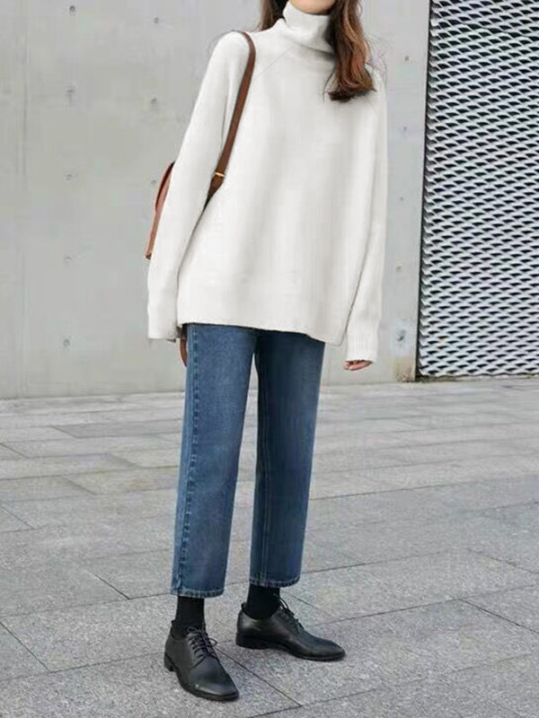 Women's relaxed fit soft knit turtleneck sweater in neutral tone, cozy everyday layering essential