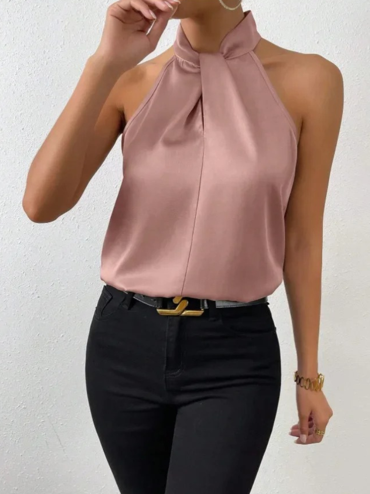 Women's satin backless camisole top, silky shiny finish, elegant flirty neckline, sleek summer style