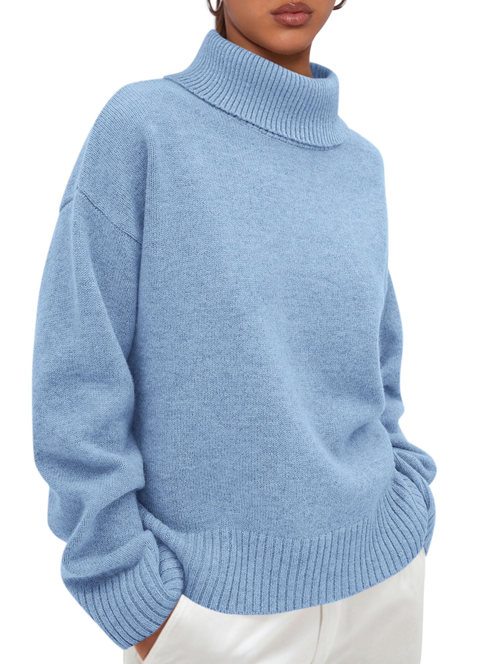 Women's soft knit roll neck sweater cozy slightly loose fit versatile everyday essential
