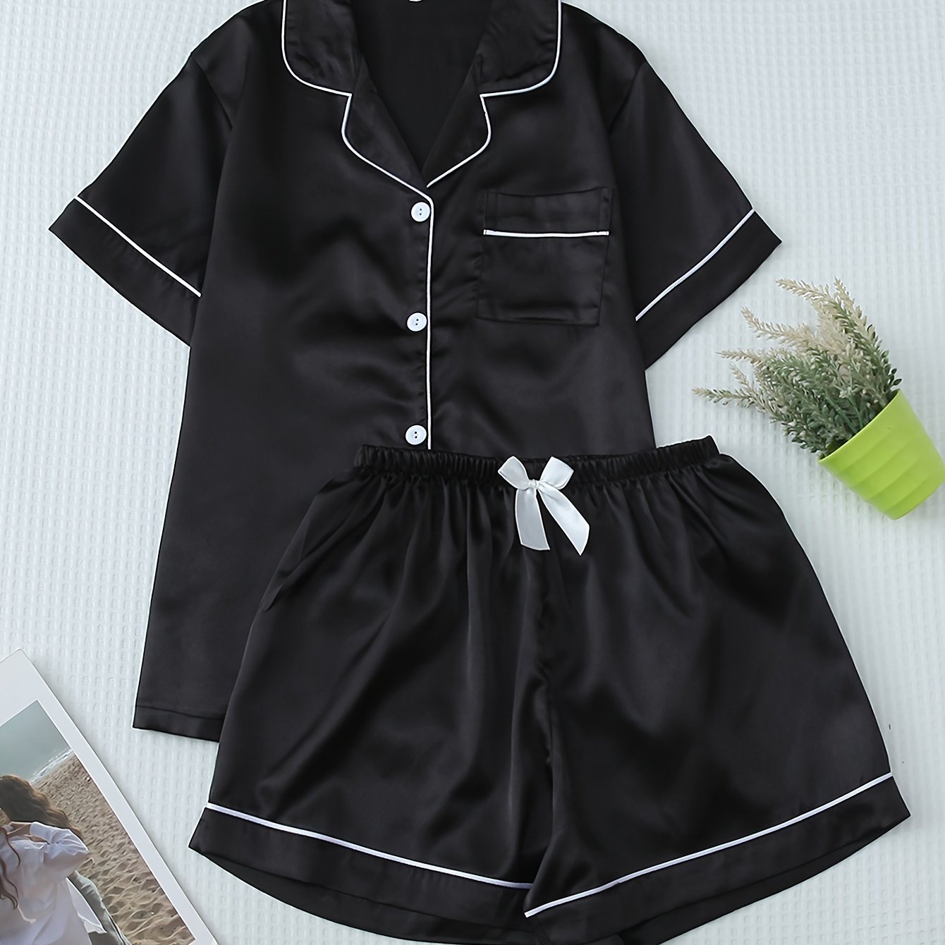 Women's pajama set with button closure top and elastic waist shorts, breathable cozy nightwear