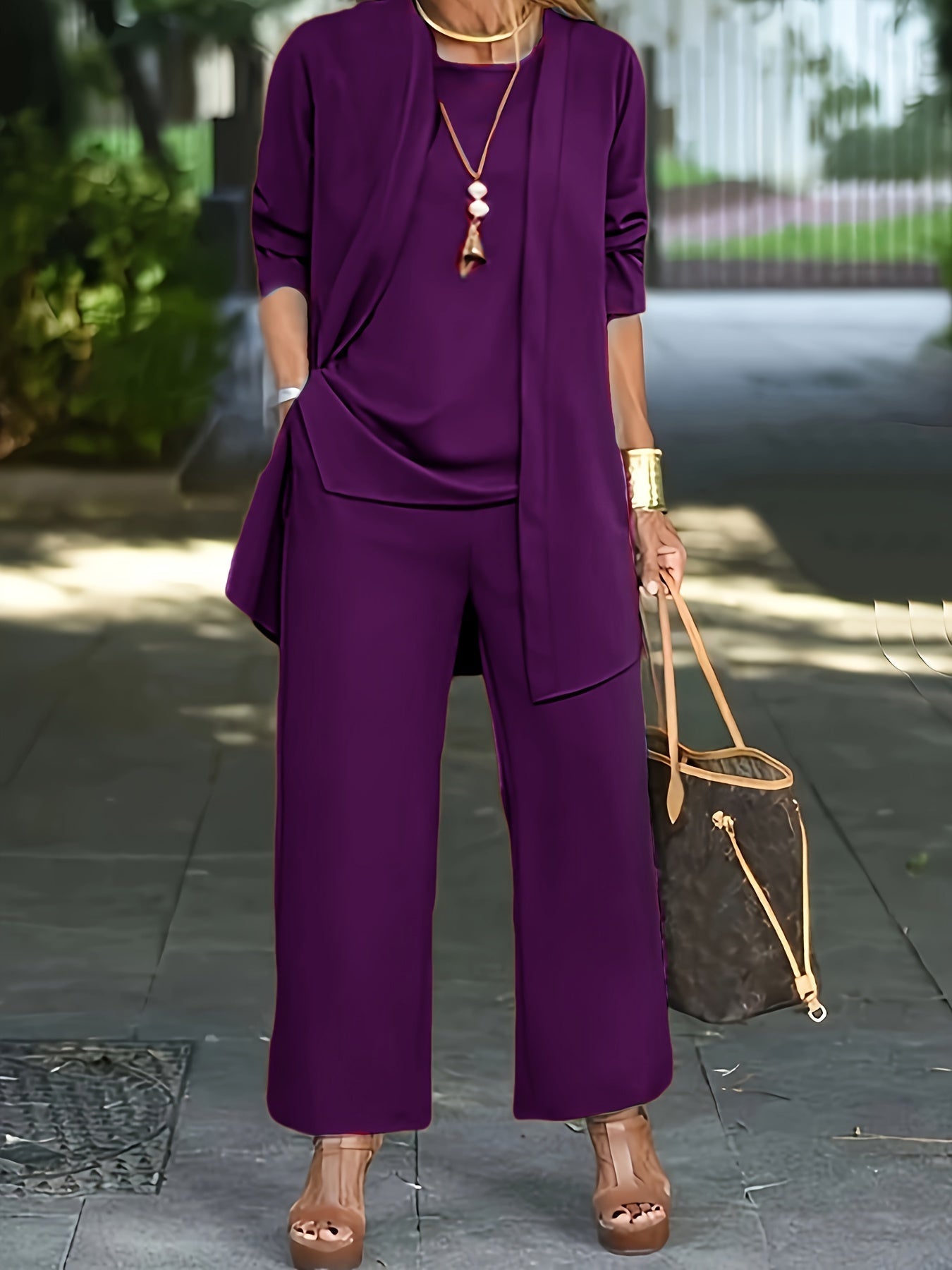 Women's elegant three-piece set chic blazer top pants versatile office-to-evening coordinated outfit