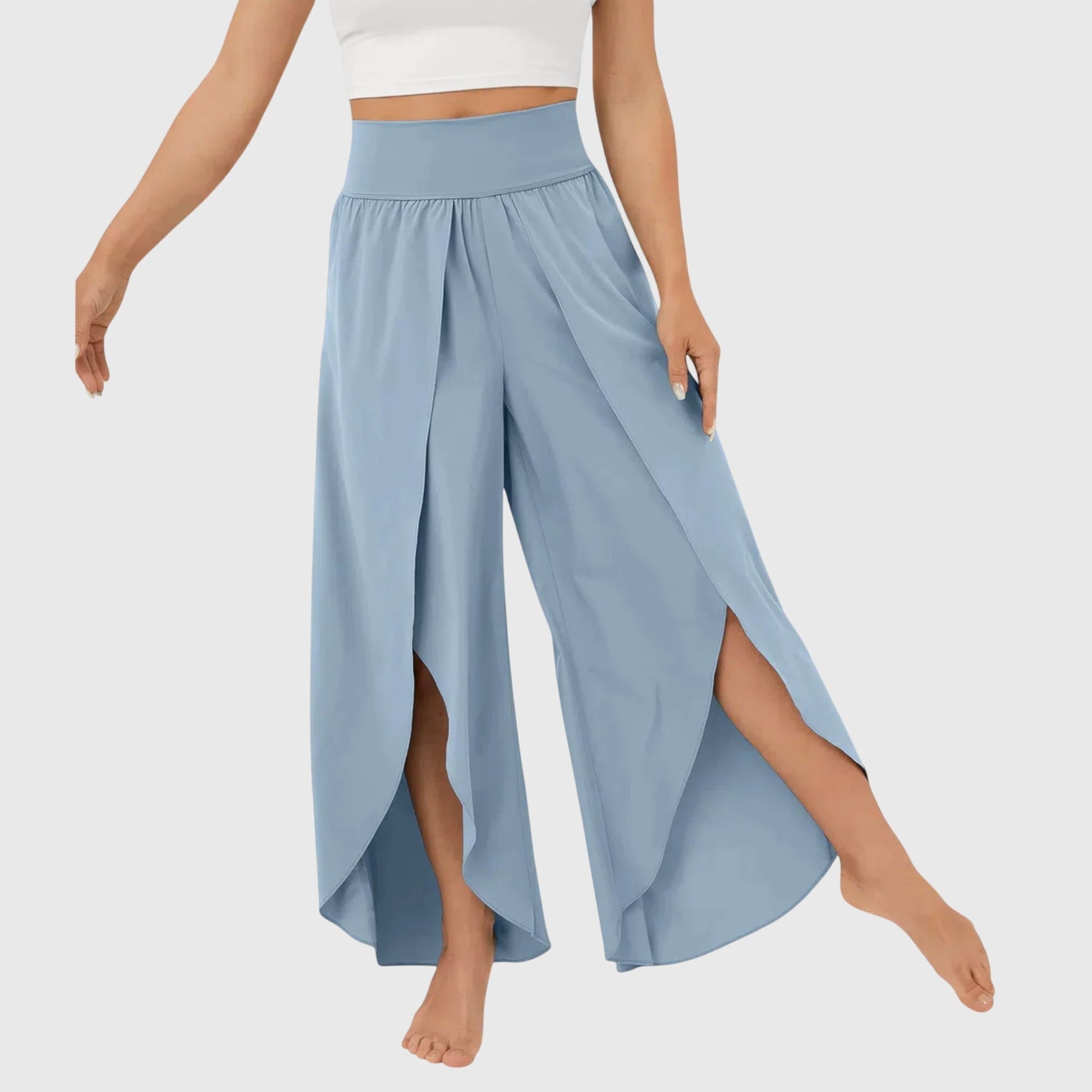 Women's wide leg split hem pants flowing silhouette elongated style versatile everyday wear