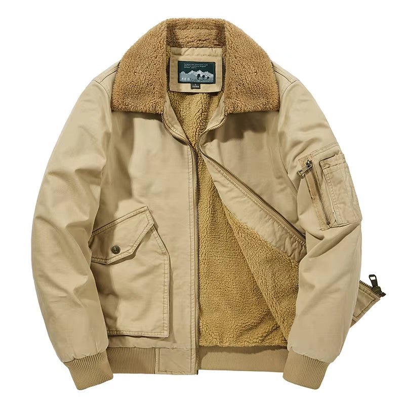 Black sherpa-lined aviator bomber jacket with military-inspired silhouette and plush fleece interior