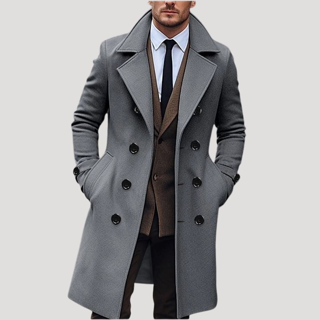 Men's double-breasted long coat structured fit sleek silhouette classic tailored spring outerwear