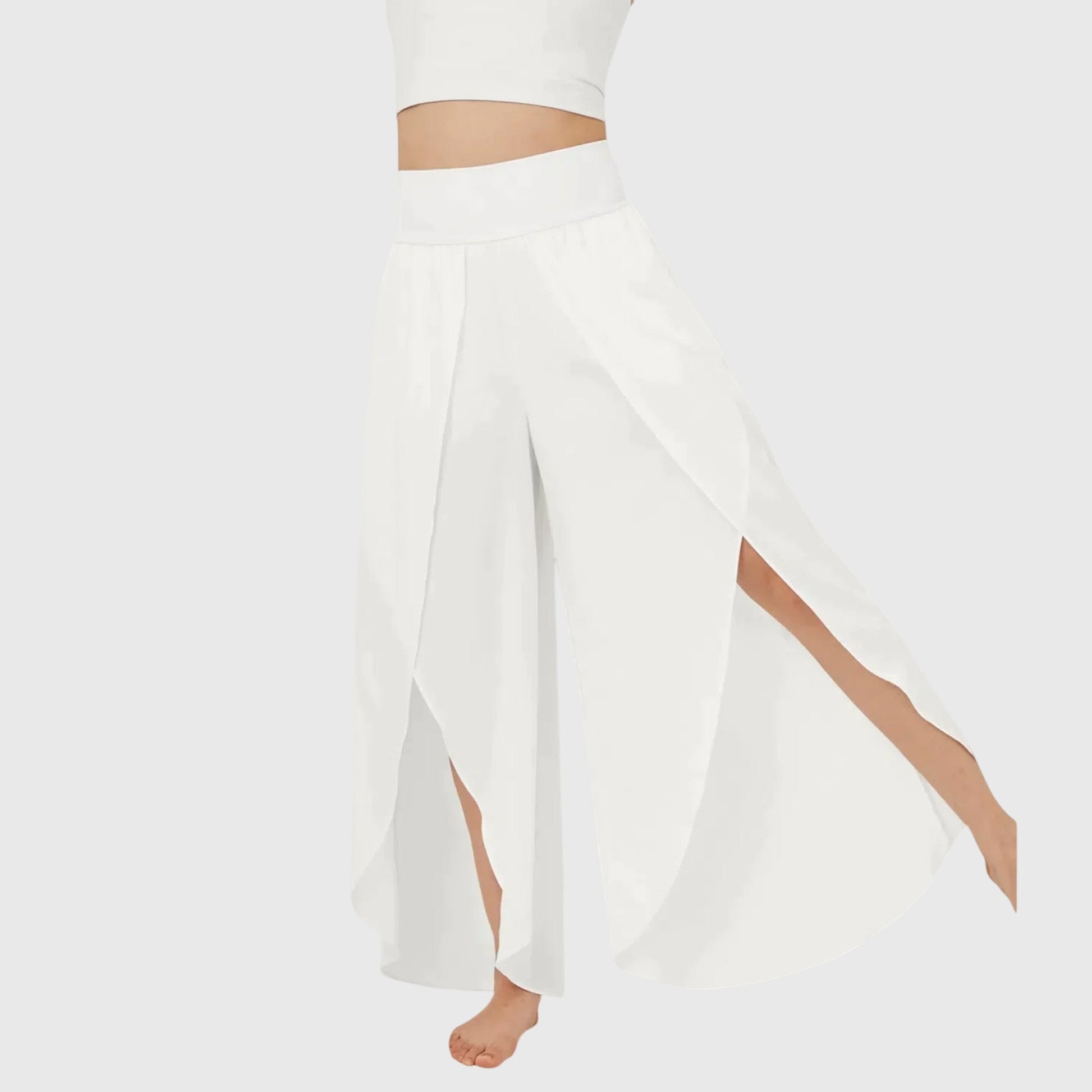 Women's wide leg split hem pants flowing silhouette elongated cut versatile everyday style