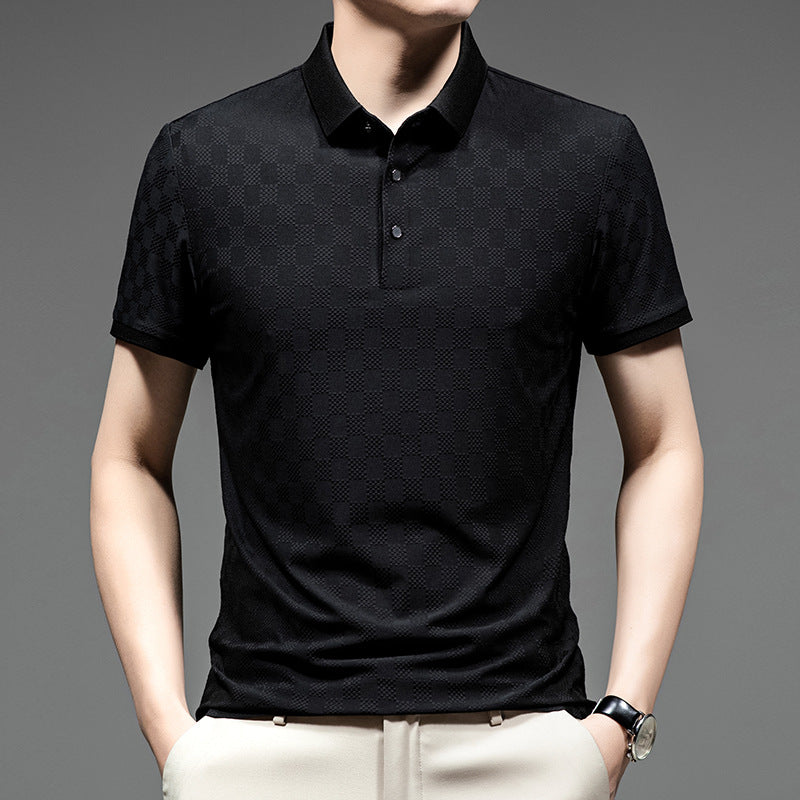 Navy blue short sleeve business polo shirt with breathable fabric tailored for professional comfort