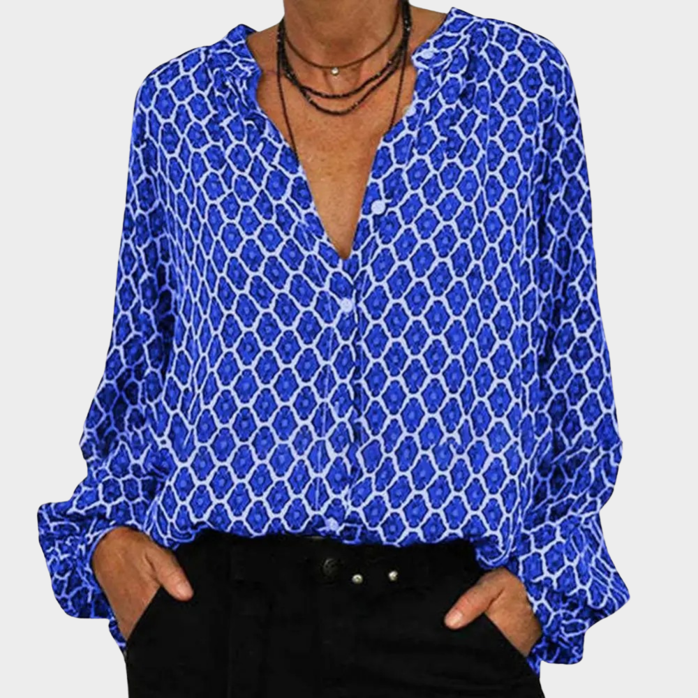 Women's geometric print long sleeve blouse black blue red V-neck cotton-poly blend work casual top