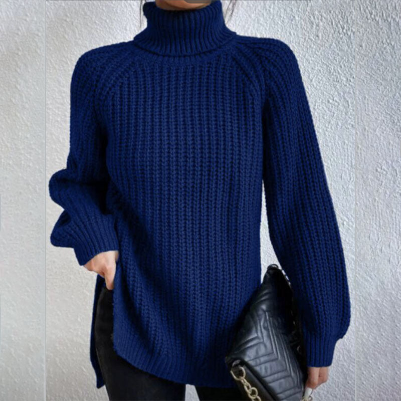 Chunky knit turtleneck sweater in neutral tone, gender-neutral classic silhouette with high rolled collar