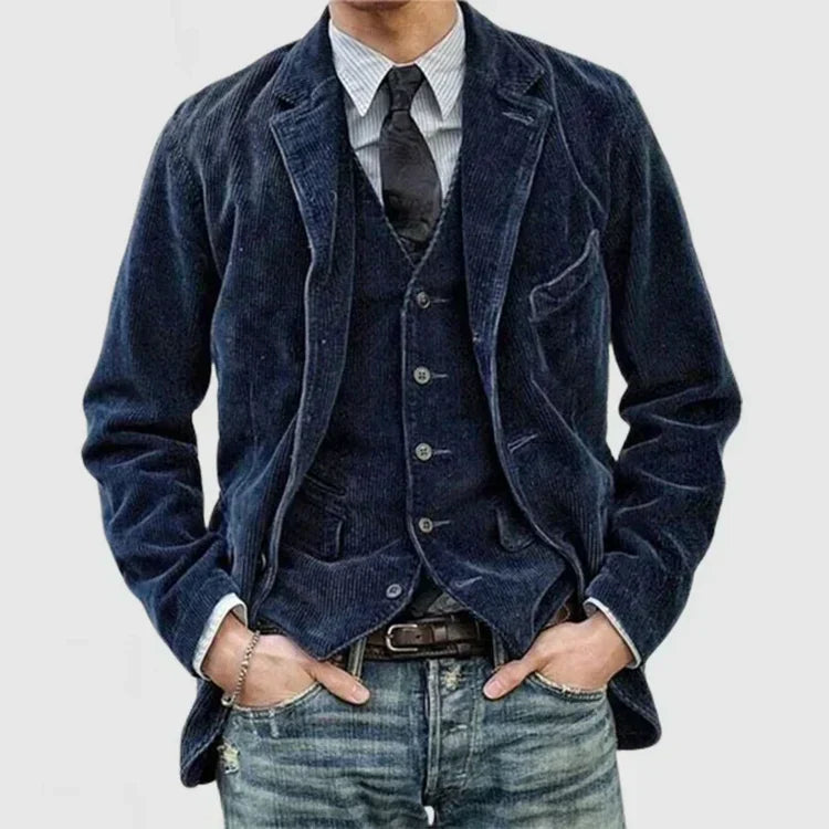 Men's navy tailored fit blazer jacket with structured silhouette for formal office and evening events