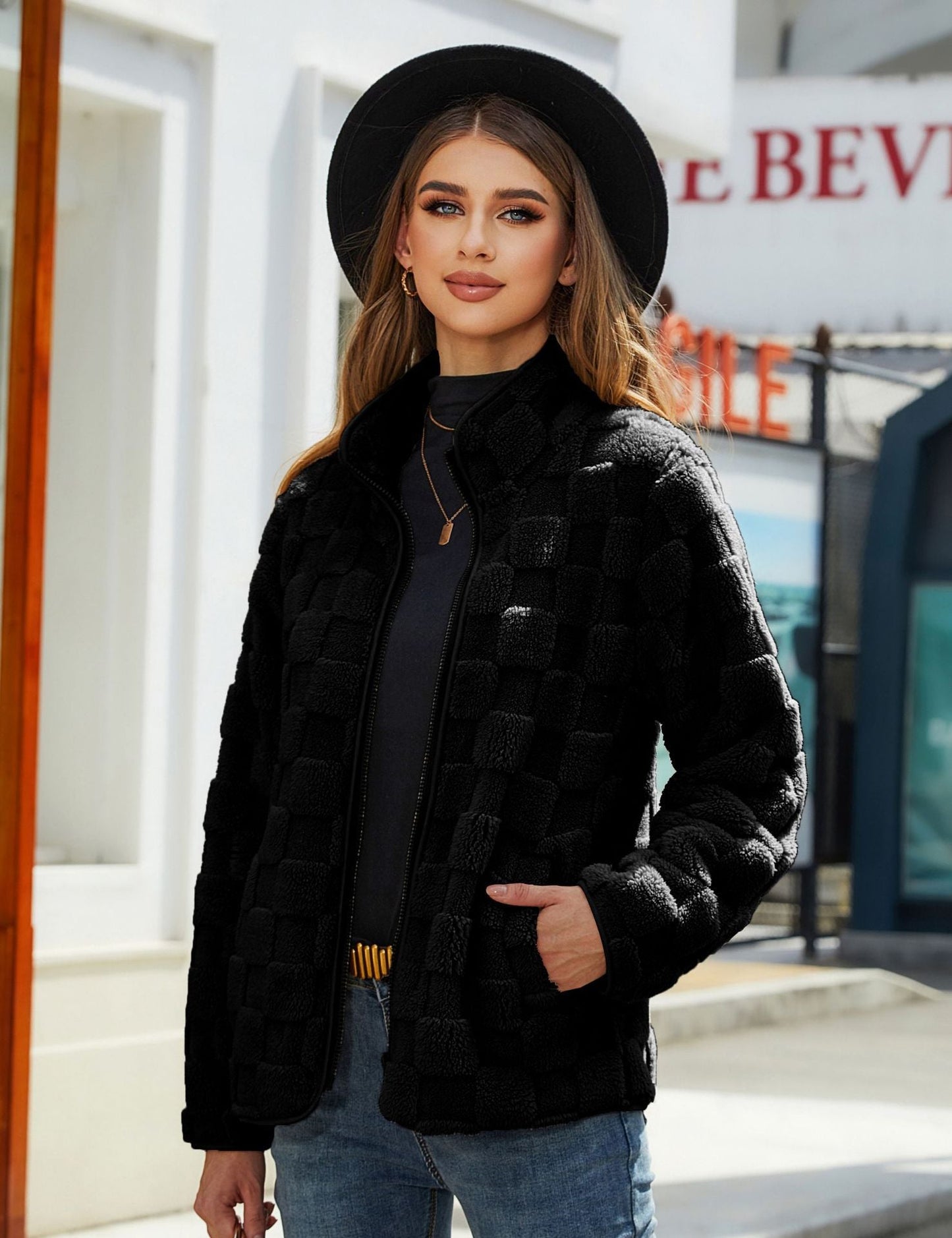 Women's plaid fleece zip-front jacket with high collar, relaxed fit for cozy winter layering