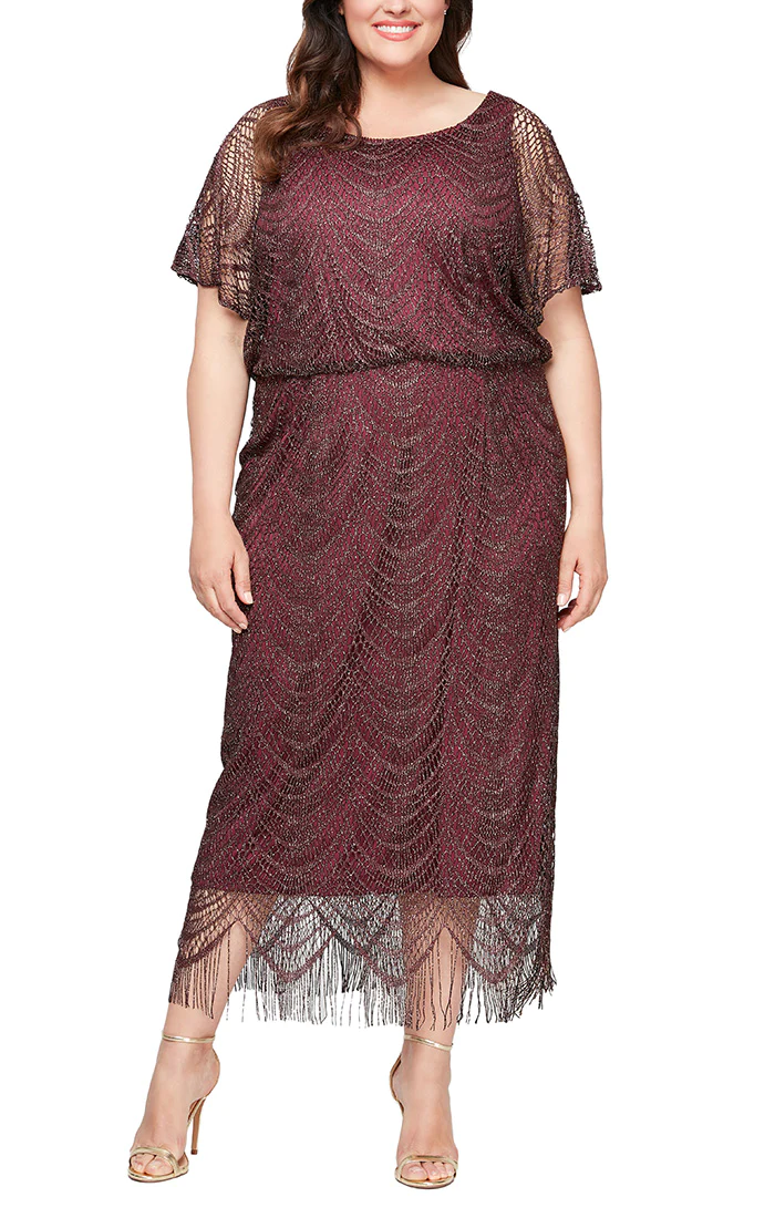 Plus size blouson floor-length gown scoop neckline metallic crochet fabric elegant mother of bride dress