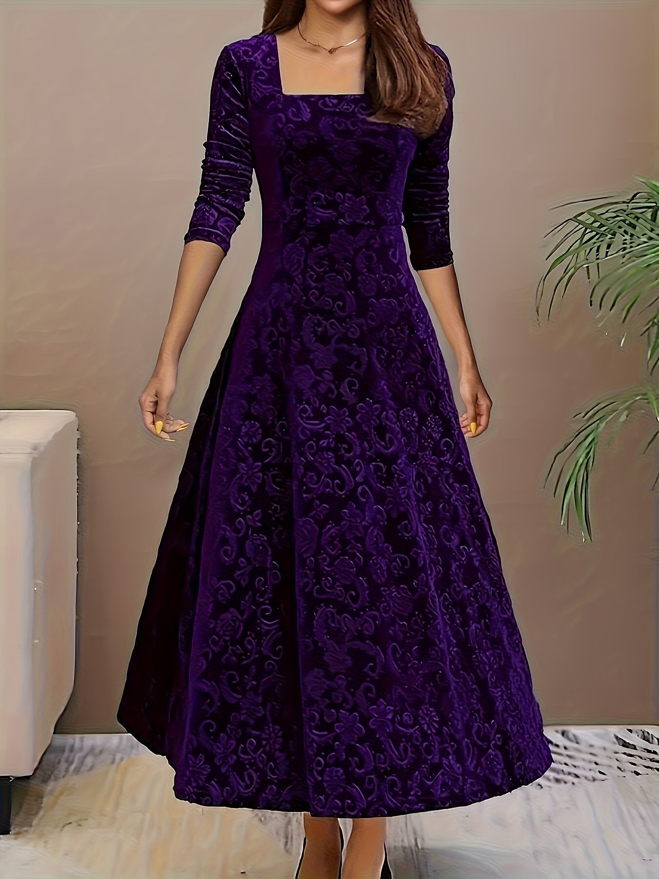 Elegant velvet square neck women's party dress with intricate floral embroidery, formal winter wear