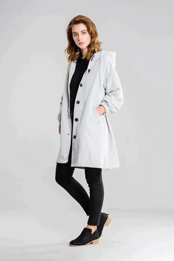 Women's lightweight hooded rain jacket relaxed fit water-repellent button-front spring layer