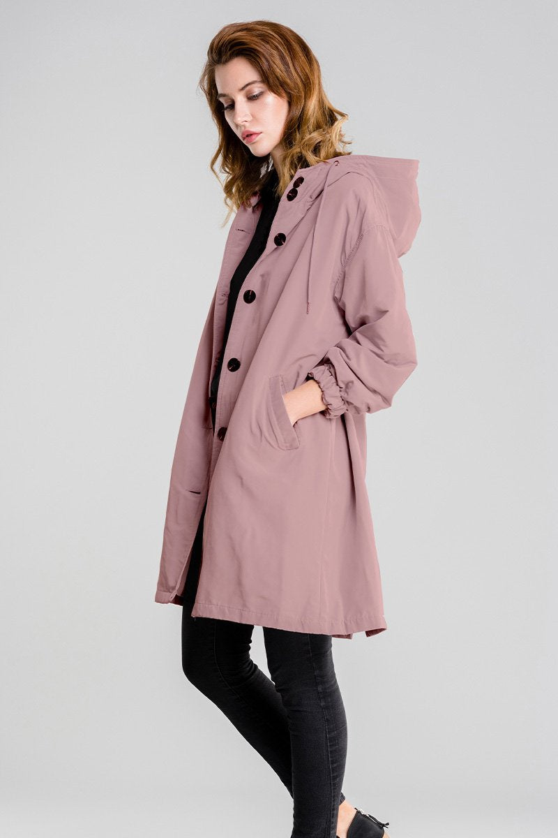 Women's loose fit hooded winter coat with button closure in cozy casual Dakota style