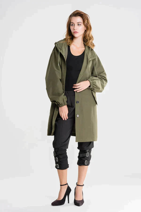 Women's lightweight hooded rain jacket relaxed fit water-repellent button-front layer for spring