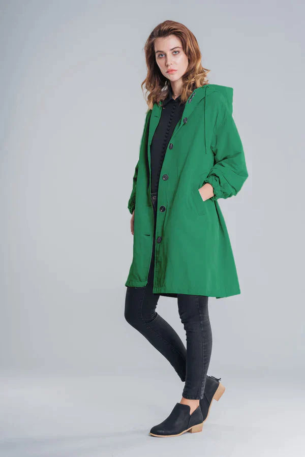 Women's lightweight hooded rain jacket relaxed fit water-repellent button-front layer for spring