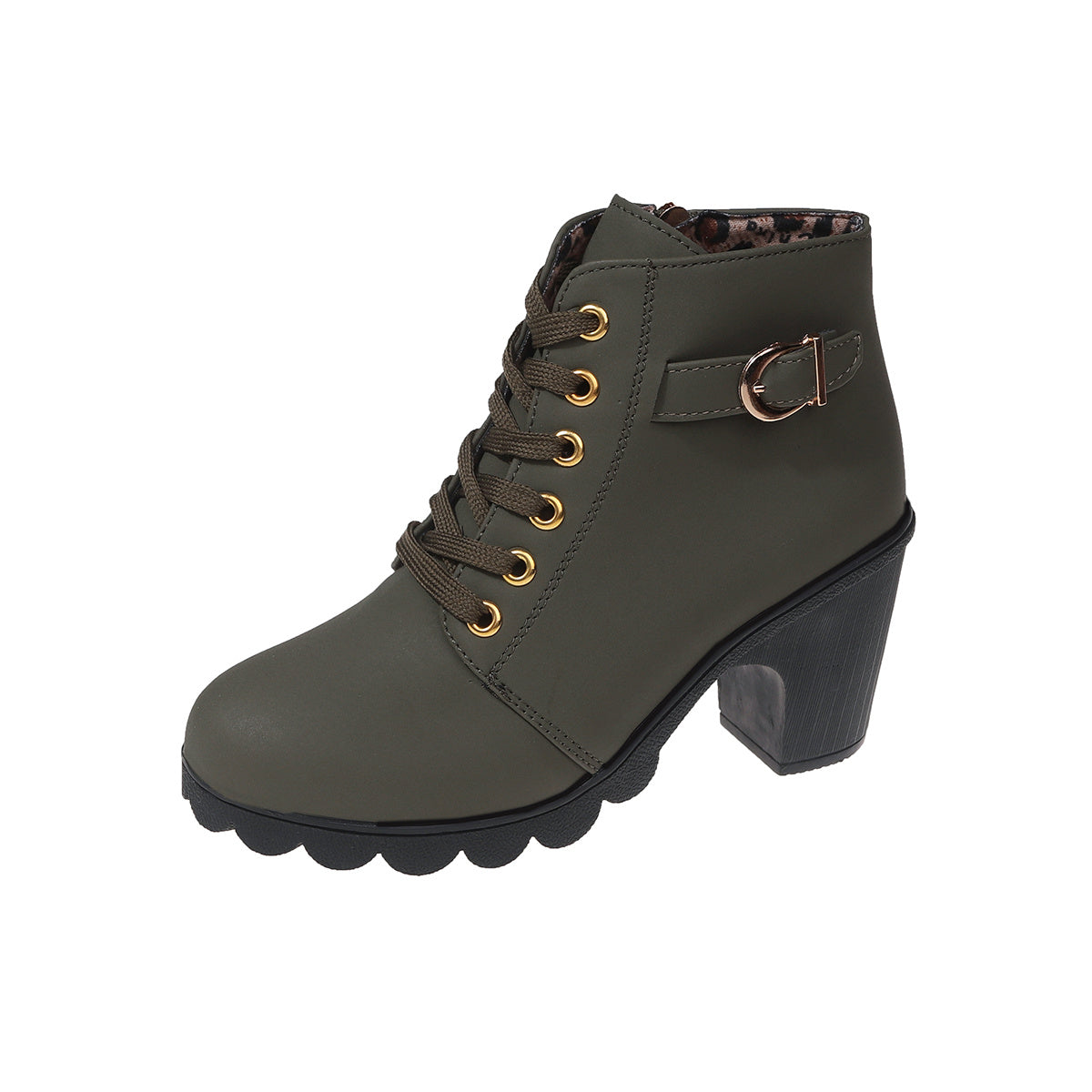 Women's black lace-up ankle boots with chunky heel and side zipper, versatile everyday fashion footwear