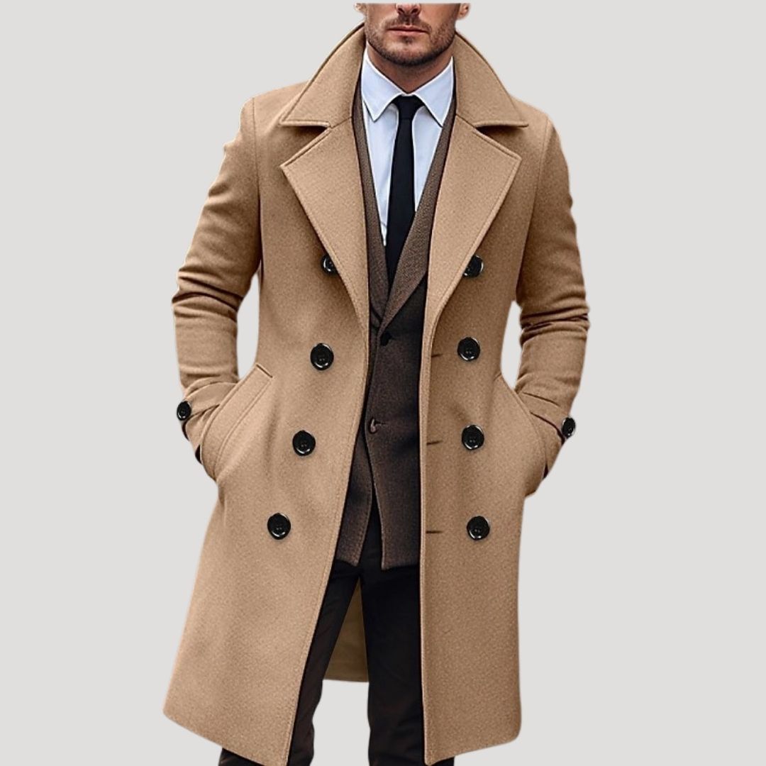 Men's double-breasted long coat structured fit sleek silhouette spring tailored classic style
