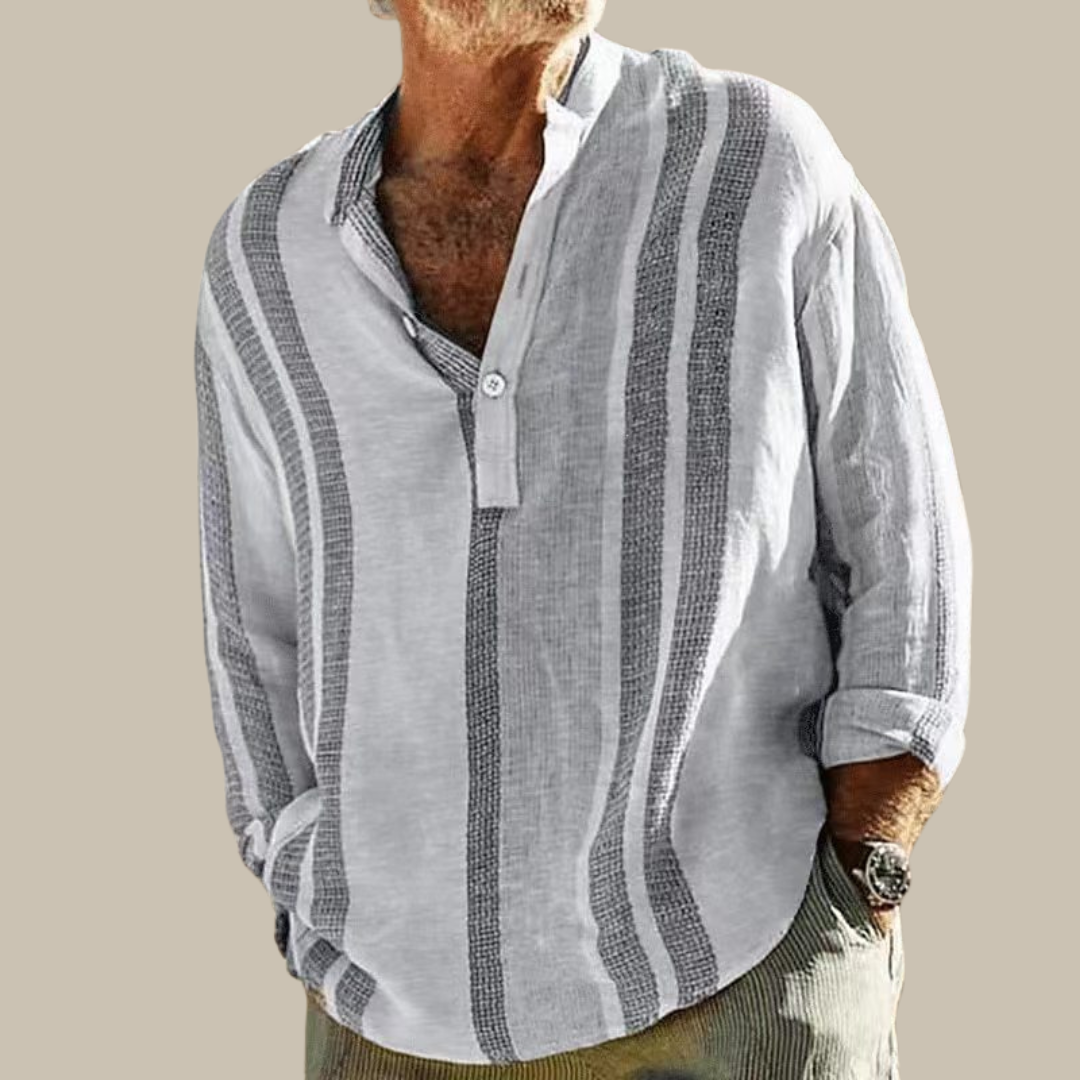 Jasper striped linen-look long sleeve shirt with V-neck Mao collar boho-chic style