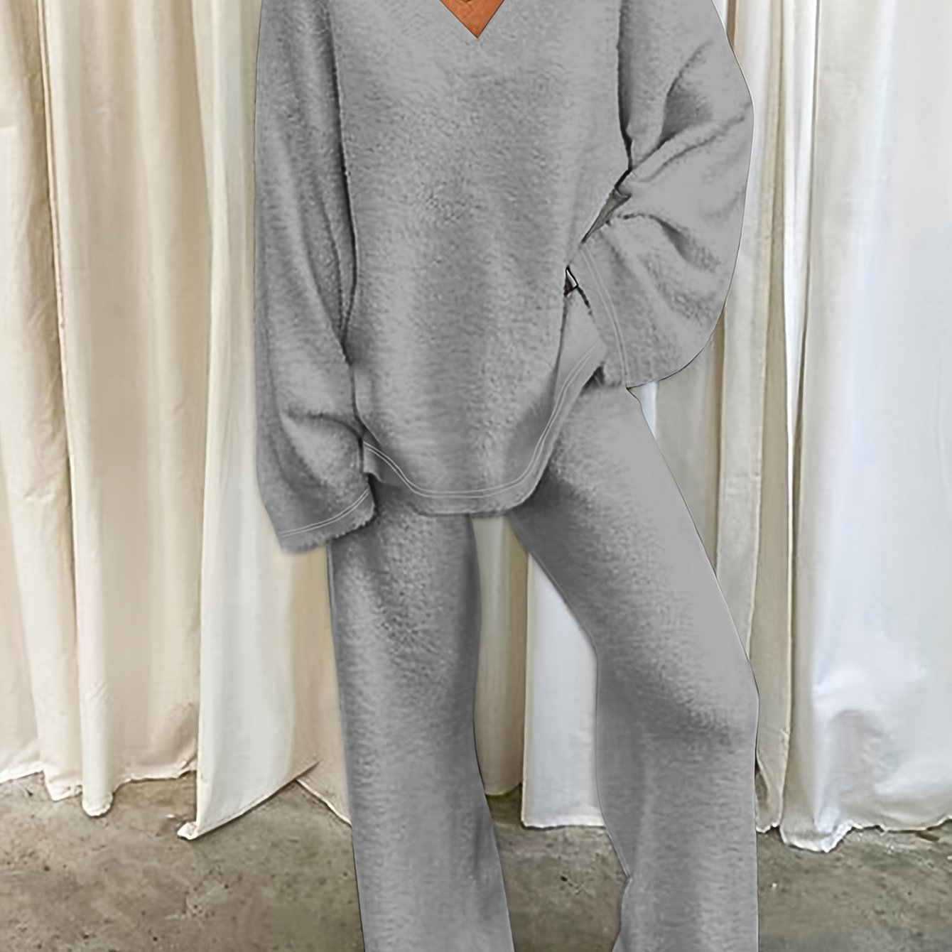 Women's V-neck long sleeve pajama set with relaxed-fit pants, soft loungewear for cozy home comfort