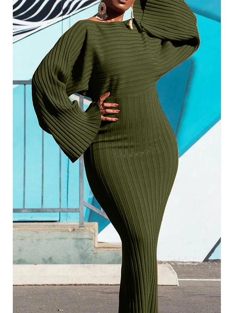 Women's ribbed knit midi dress with flared sleeves, figure-hugging fit, elastic comfort