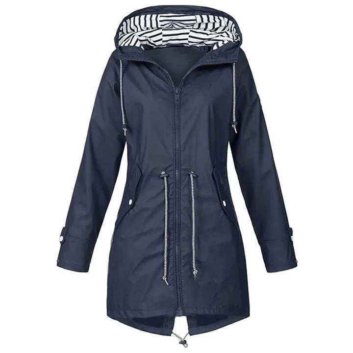 Women's lightweight hooded raincoat with drawstring waist, casual everyday outerwear in versatile style