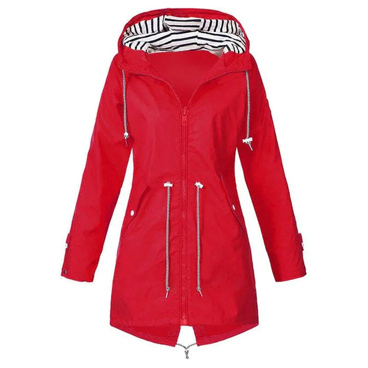 Women's lightweight hooded raincoat with drawstring waist, casual everyday outerwear in versatile style