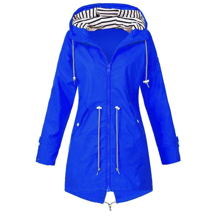 Women's lightweight hooded raincoat in casual relaxed fit with adjustable drawstring waist for everyday wear