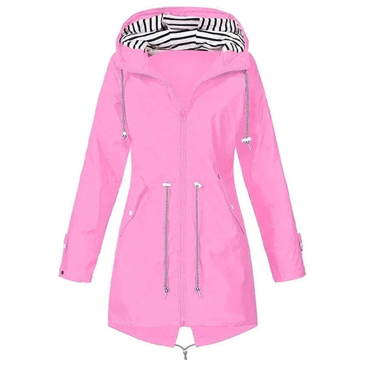 Women's lightweight hooded raincoat in casual fit with drawstring waist for everyday spring and fall wear