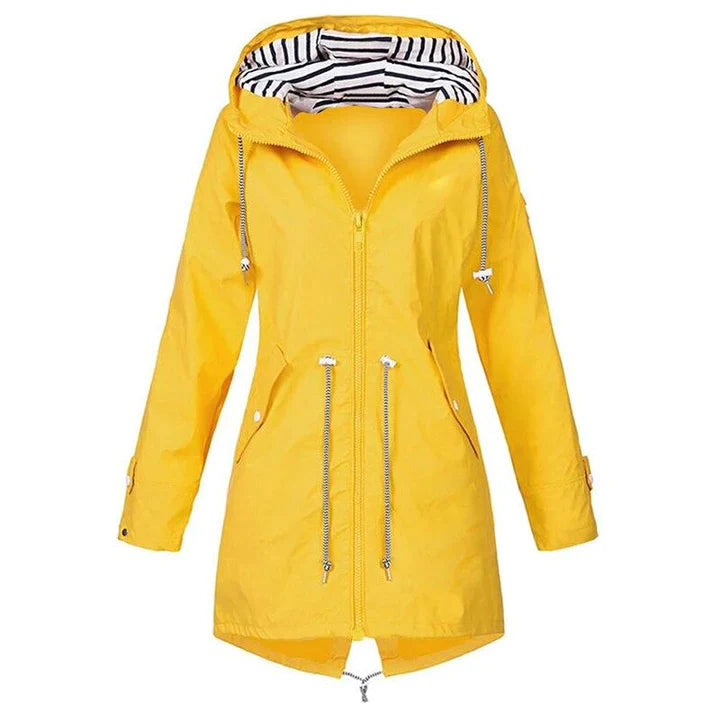 Women's lightweight hooded raincoat with drawstring waist, casual everyday outerwear in versatile style