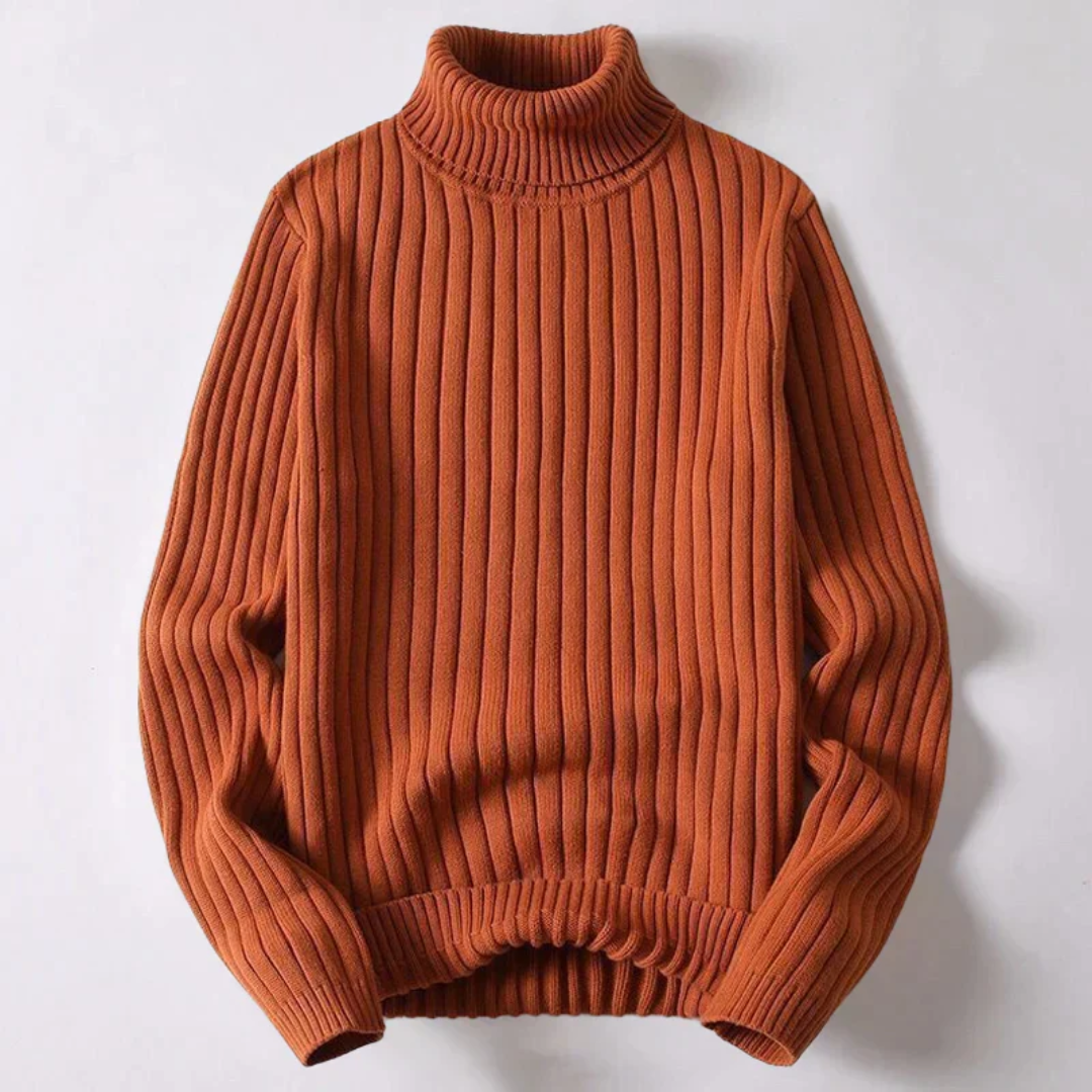 Men's black ribbed knit turtleneck sweater structured fit breathable comfort layer essential