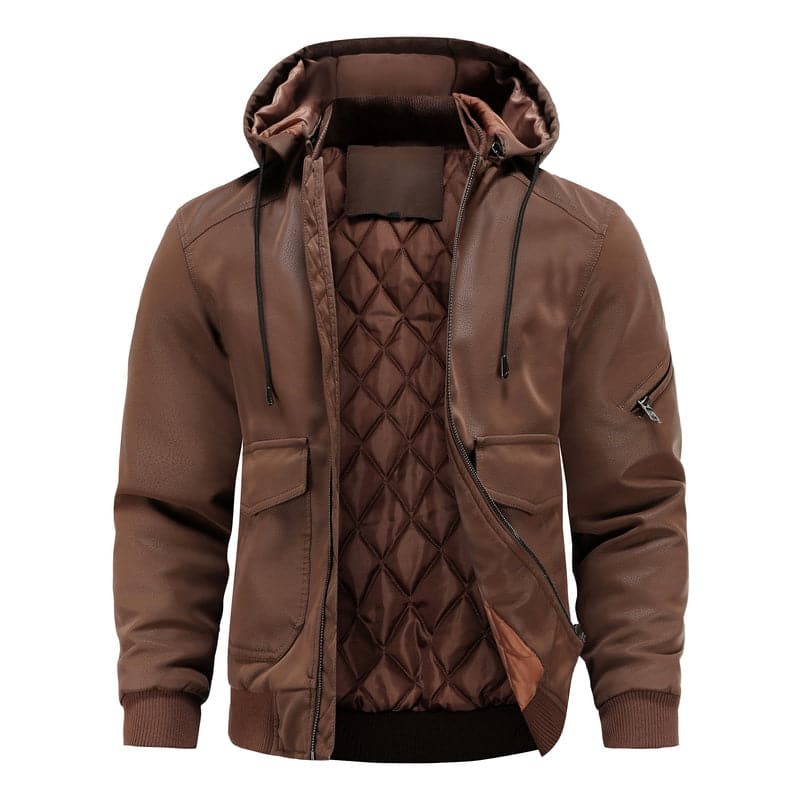 Men's black faux leather hooded bomber jacket with quilted lining and drawstring hood