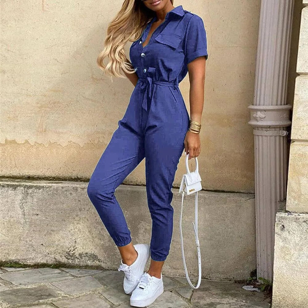 Women's utility jumpsuit with button closure and waist tie, versatile one-piece for casual to evening wear