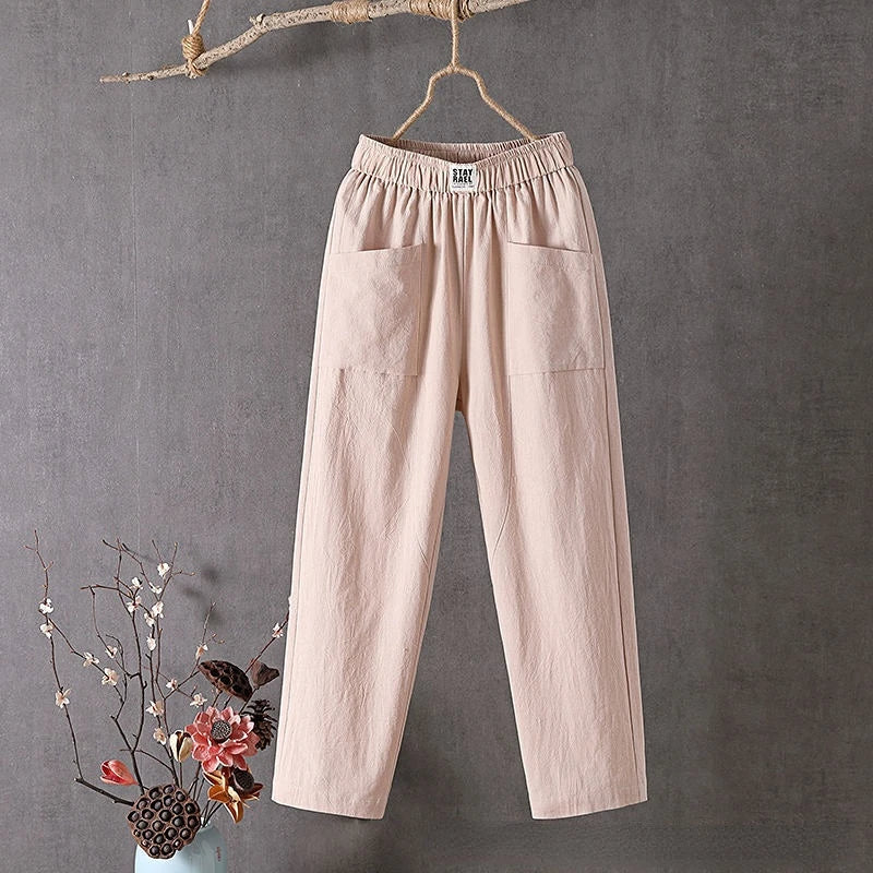Women's rose casual loose straight-leg pants with elastic pull-on waistband for everyday comfort