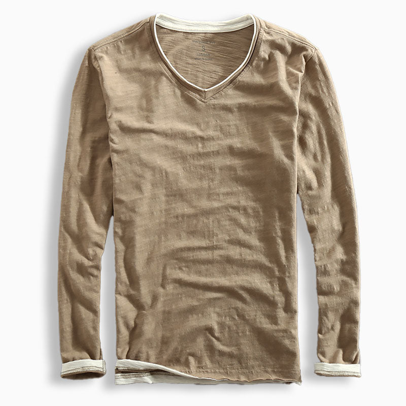 Men slim fit long sleeve V-neck t-shirt navy slub texture contrast trim versatile everyday essential