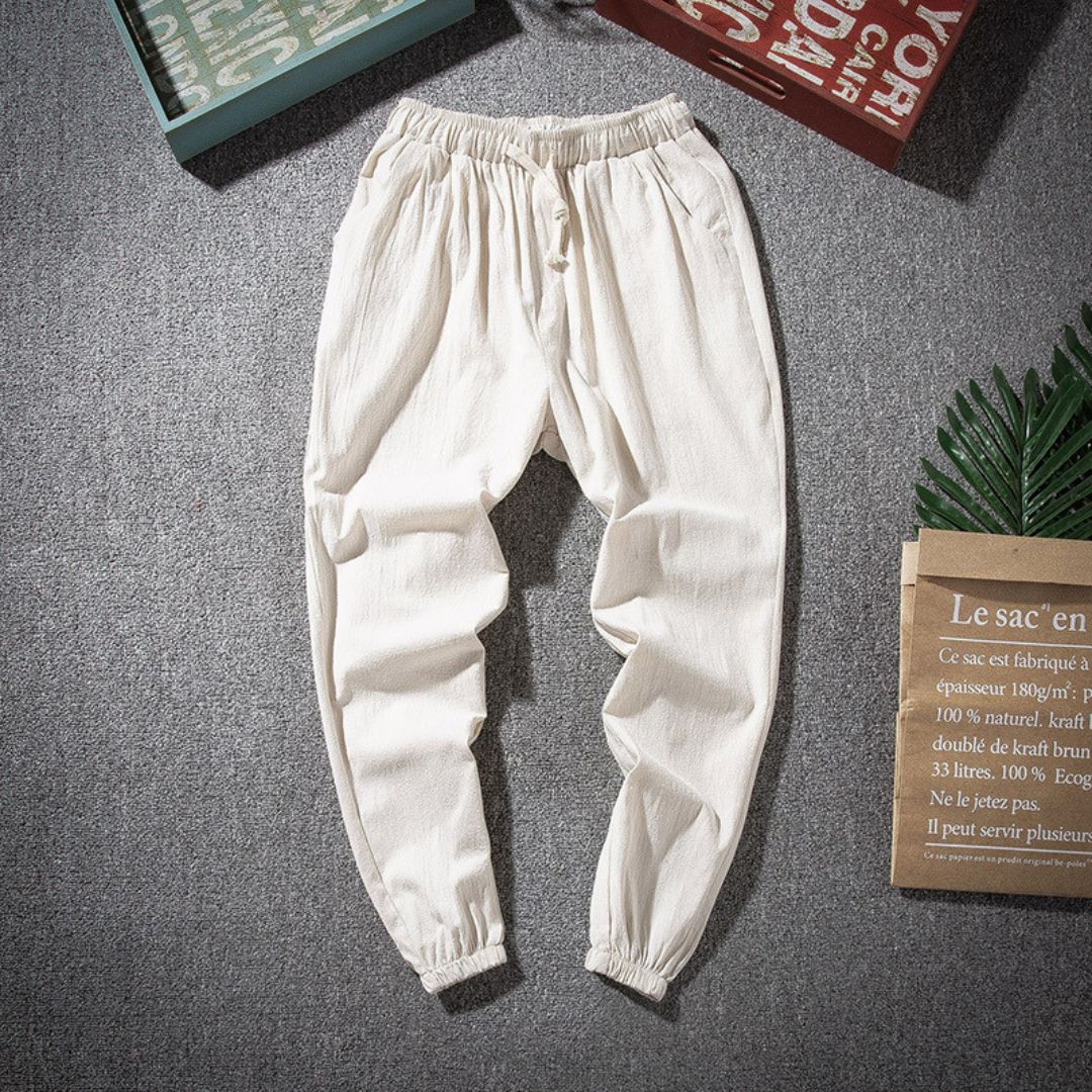 Men's beige linen joggers relaxed tailored fit lightweight breathable classic style