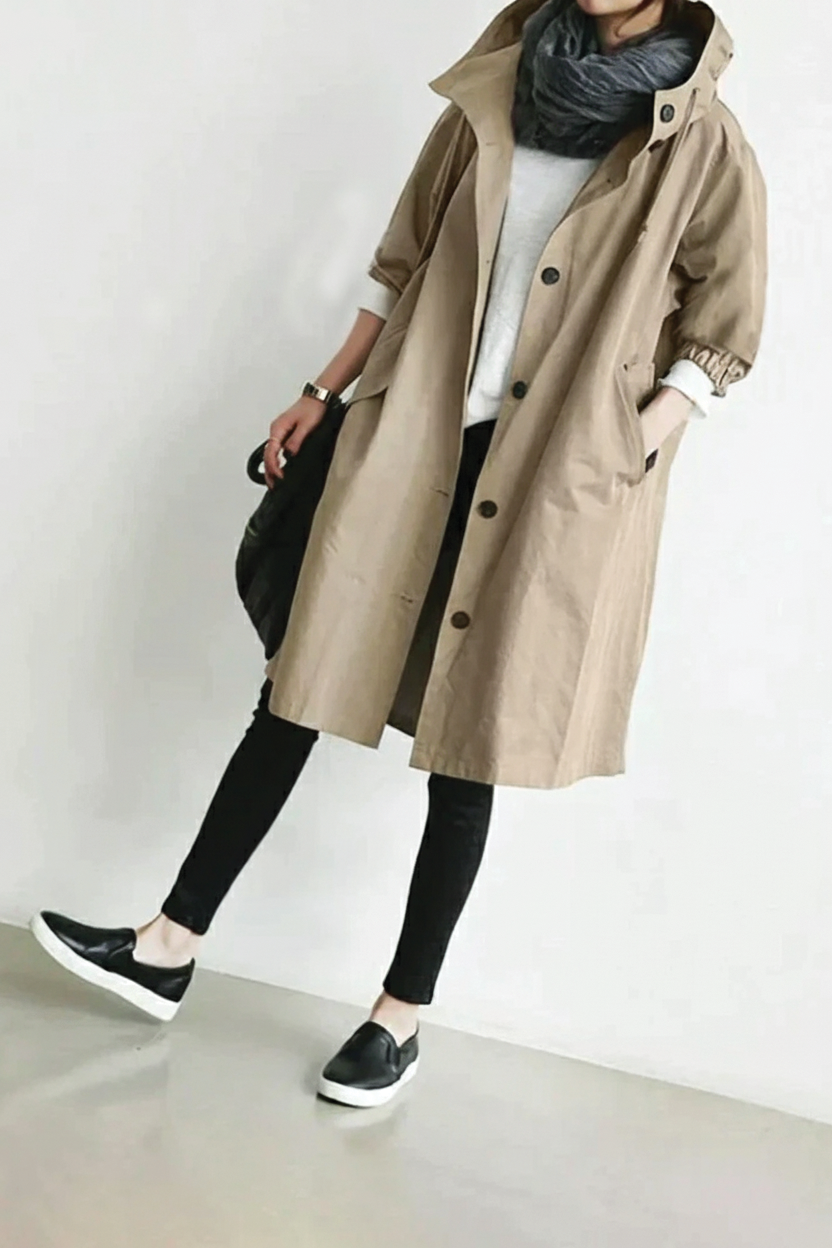 Women's beige hooded trench coat, tailored silhouette with premium soft fabric for all-day comfort