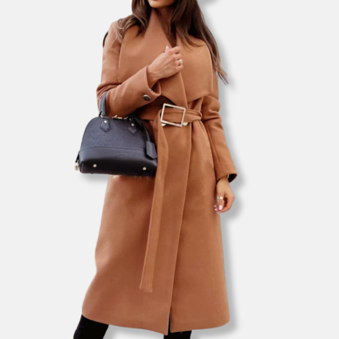Women's longline coat with draped lapels and gold-buckle belt, tailored relaxed silhouette