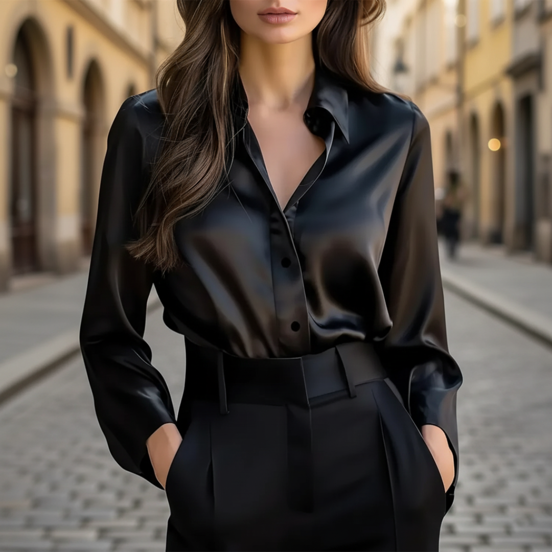 Women's long sleeve satin shirt elegant fluid drape glossy finish office wear polished blouse