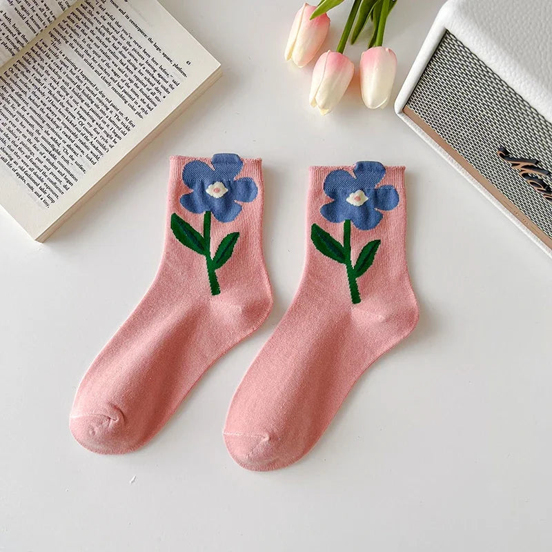 Women's mid-calf floral socks set 5 pairs premium cotton blend oversized painterly blooms