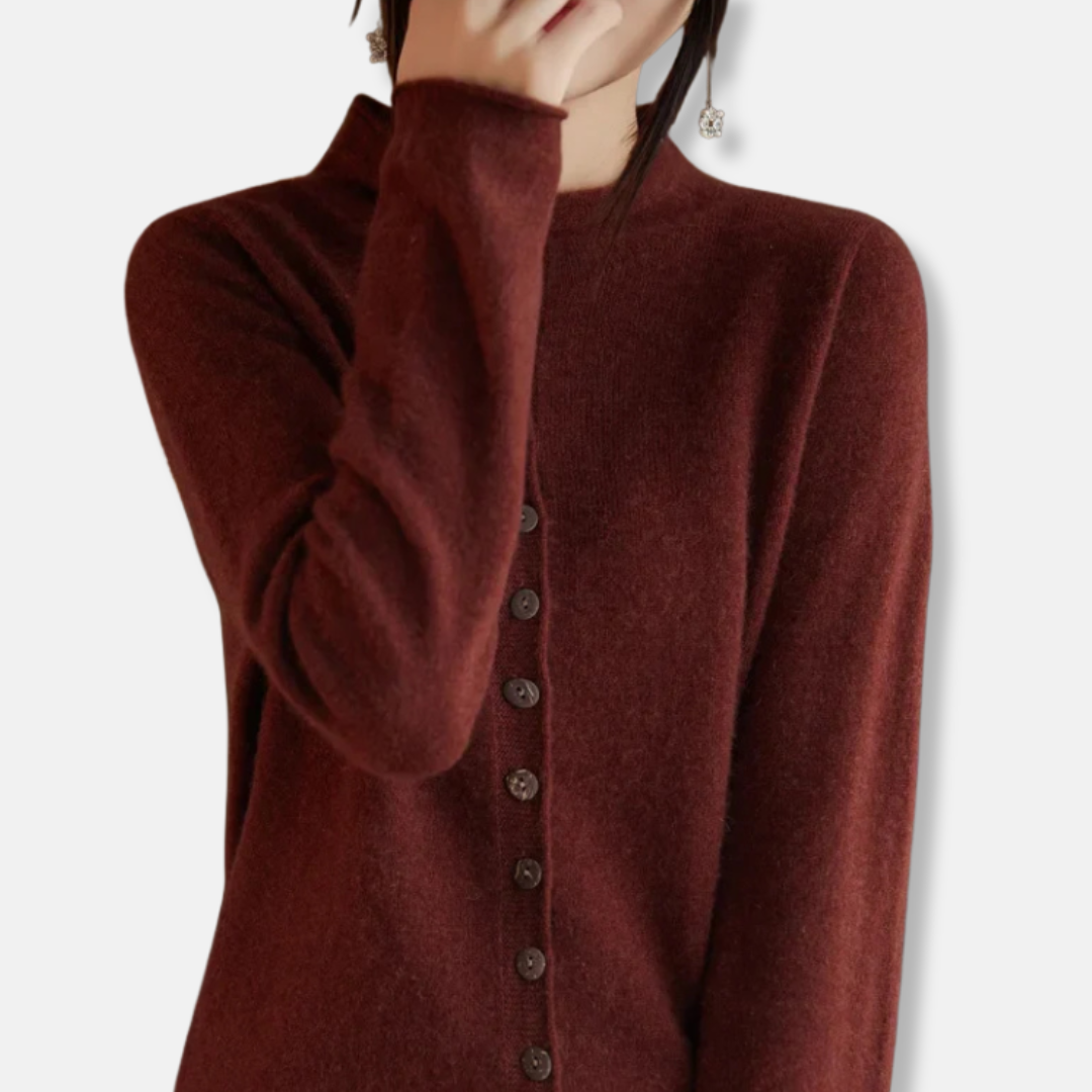 Women's wool knit cardigan sweater, button front spread collar, relaxed tailored fit for versatile layering