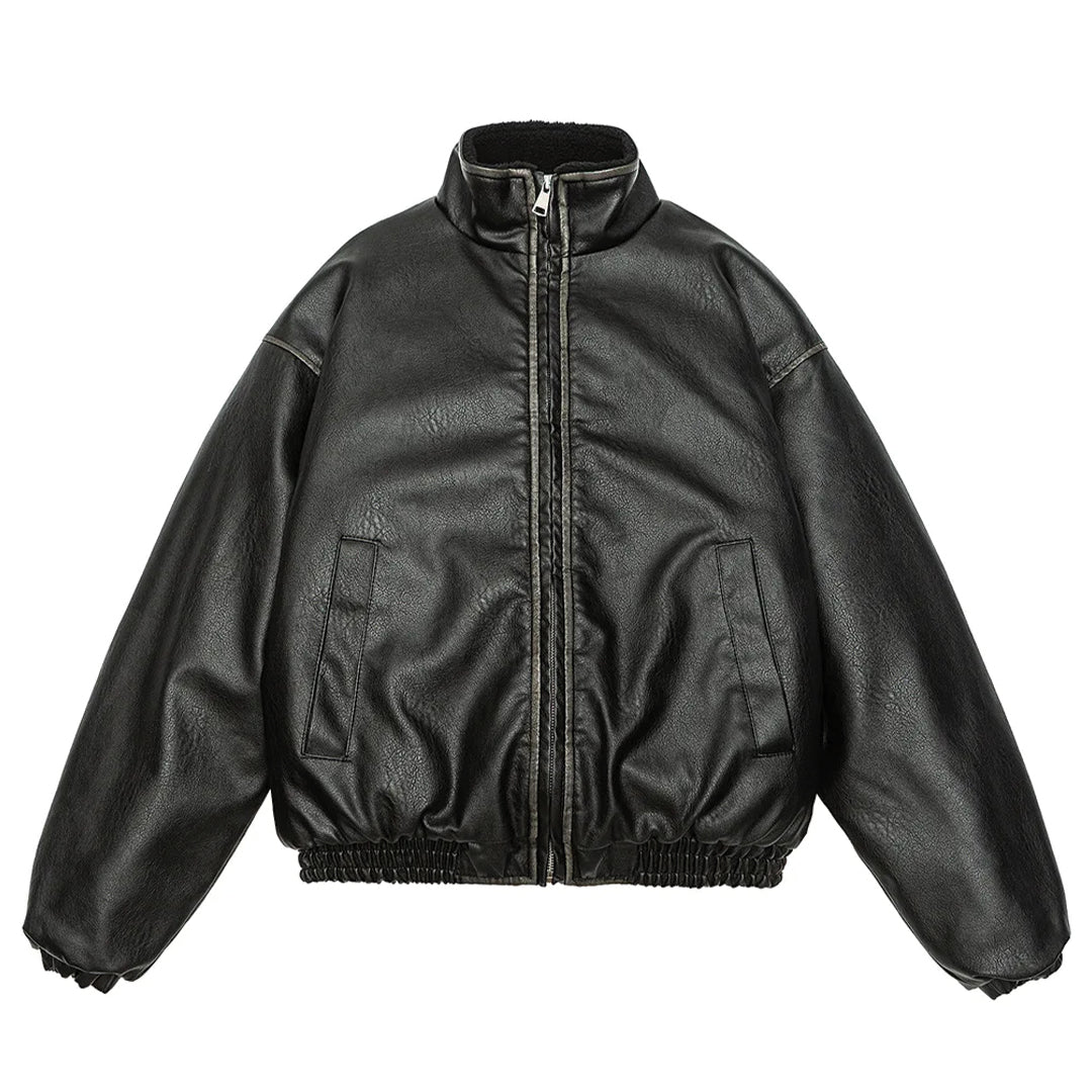 Men's black vegan leather shearling jacket relaxed fit with waist-length silhouette