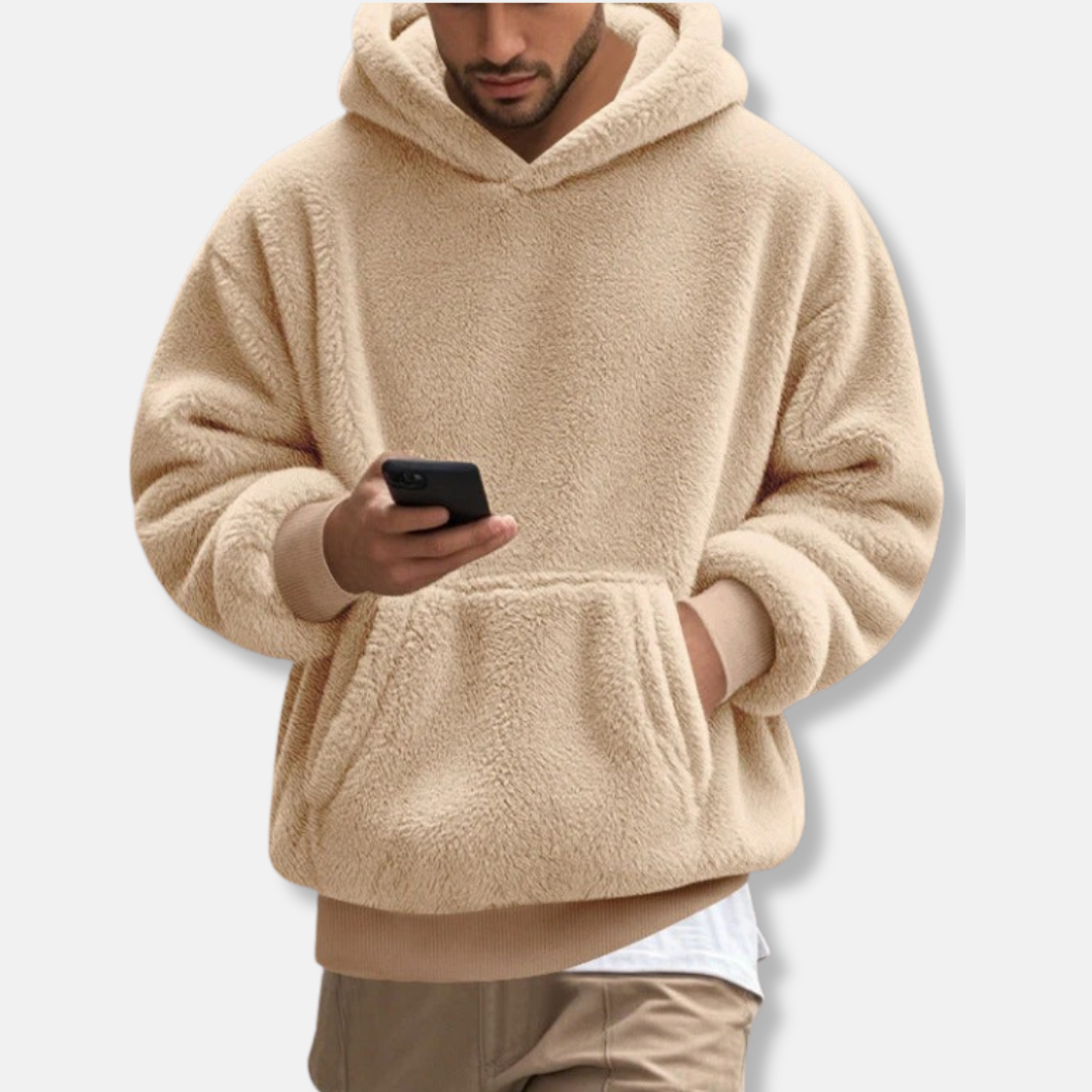 Men's fleece hoodie v-neck relaxed fit with kangaroo pocket, hip-length casual style