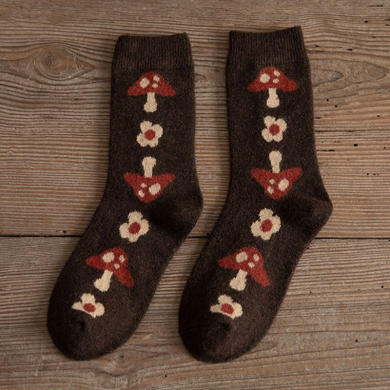 Women's cream crew socks with whimsical mushroom floral print, cozy regular fit for winter wear